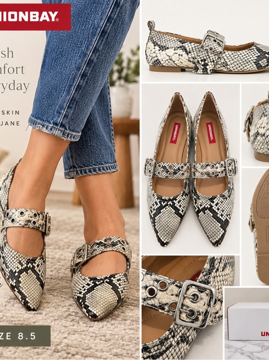 UNIONBAY Shoes - Unionbay Snakeskin Mary Jane Flats Pointed Toe Grommet Buckle Women’s Shoes 8.5